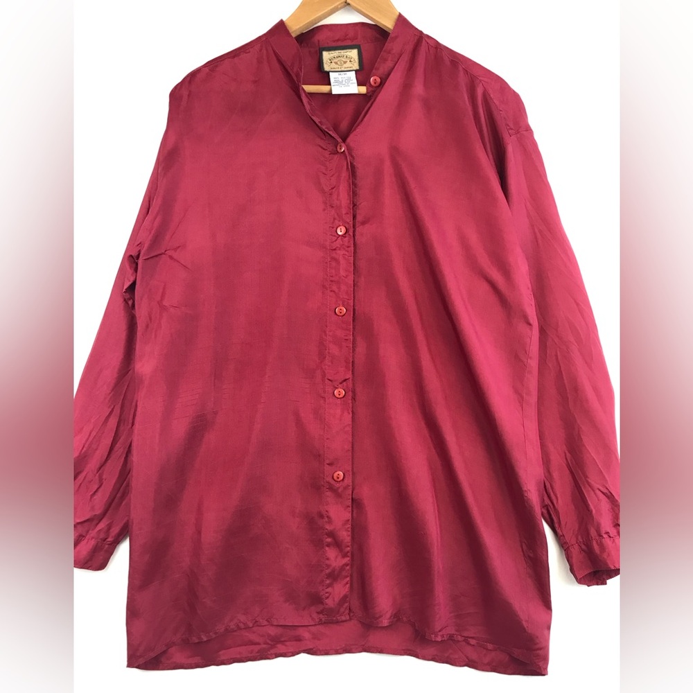100% Silk Vintage Long Sleeve Button Up Collarless Blouse Maroon Burgundy Red M